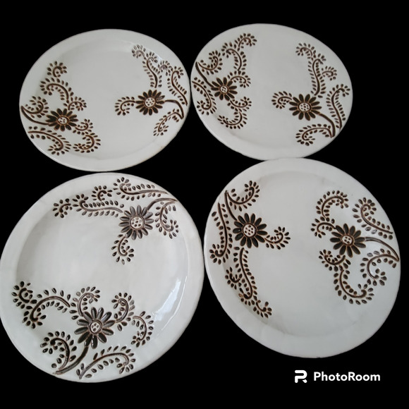 Rare Luxury Lamphun Ceramic Thailand Brown Raised Henna Design Mehndi Set of 4 - Picture 1 of 7
